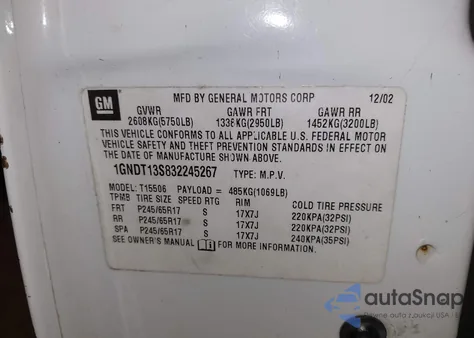 2003 Chevrolet Trailblazer Ltz from USA, damaged, VIN 1GNDT13S832245267